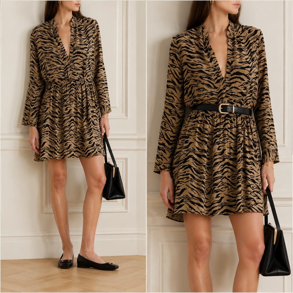Zadig & Voltaire Rinka Tiger Dress L Brown Relaxed Long Sleeve V-neck Mini